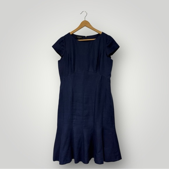 Lafayette 148 Navy Blue Linen Cap Sleeve Pleat Peplum Career Dress Sz 8 - Picture 1 of 9